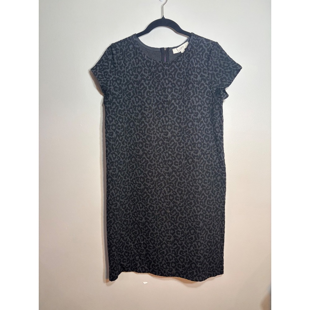 LOFT Ann Taylor Womens Small Grey Black Leopard Print Short Sleeve Shift Dress